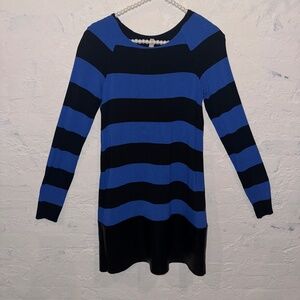 Bailey 44 Blue Black Stripe Dress Faux Leather Long Sleeve Sz S